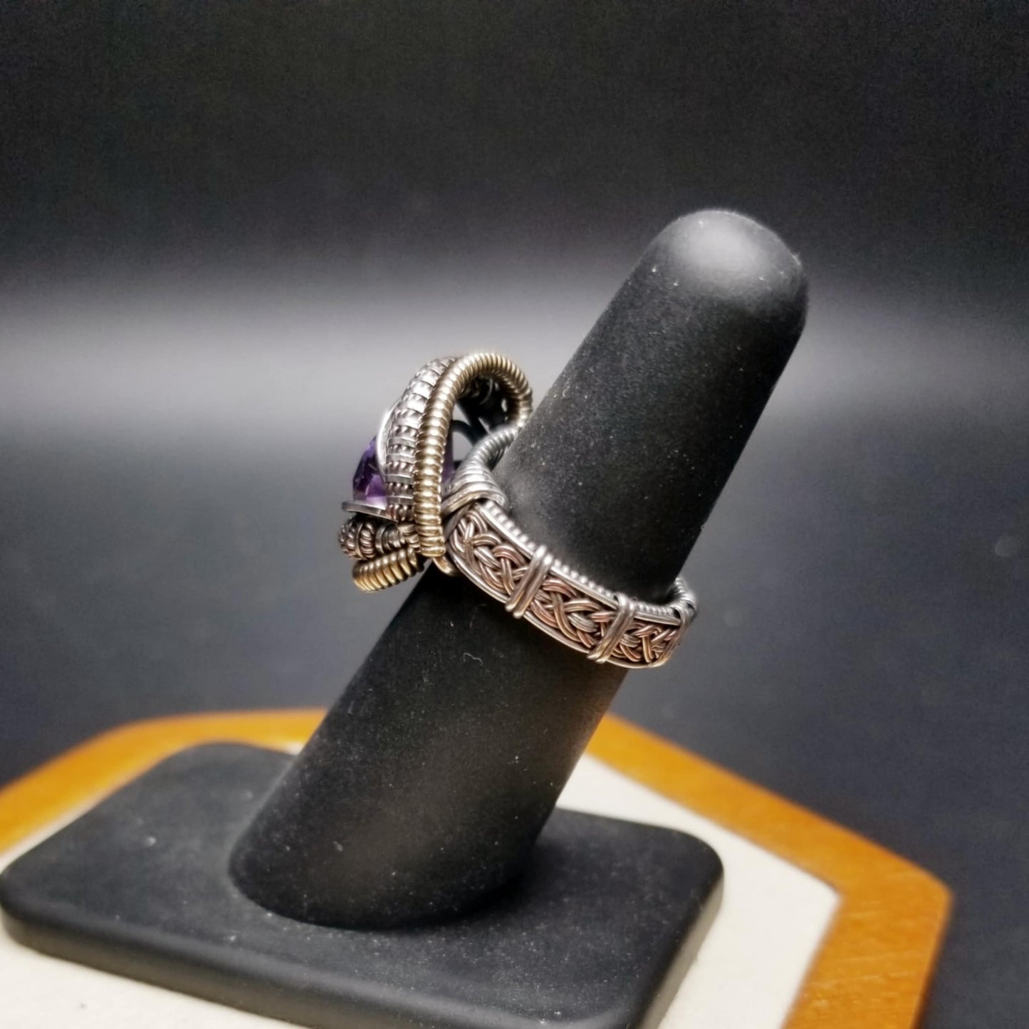 Color-shift sapphire sterling silver ring size 5, bronze and copper accents