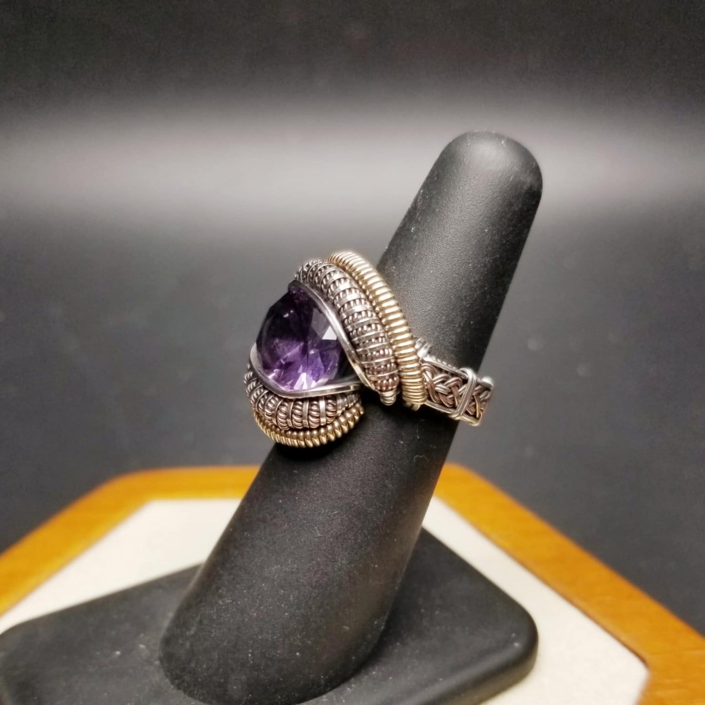 Color-shift sapphire sterling silver ring size 5, bronze and copper accents